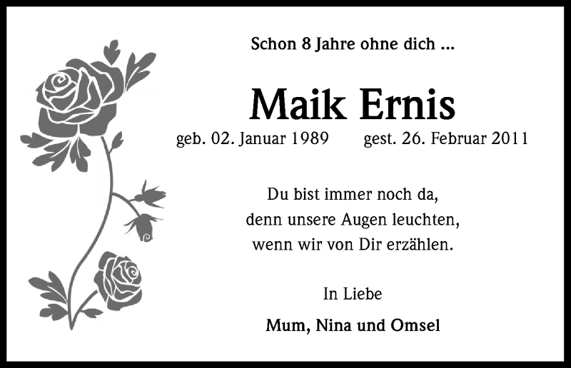  Traueranzeige für Maik Ernis vom 26.02.2019 aus Kölner Stadt-Anzeiger / Kölnische Rundschau / Express