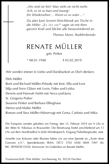 Anzeige von Renate Müller von Kölner Stadt-Anzeiger / Kölnische Rundschau / Express