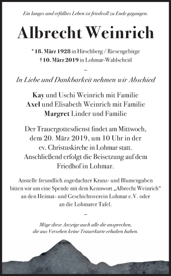 Anzeige von Albrecht Weinrich von Kölner Stadt-Anzeiger / Kölnische Rundschau / Express