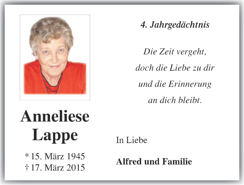  Traueranzeige für Anneliese Lappe vom 16.03.2019 aus  Blickpunkt Euskirchen 
