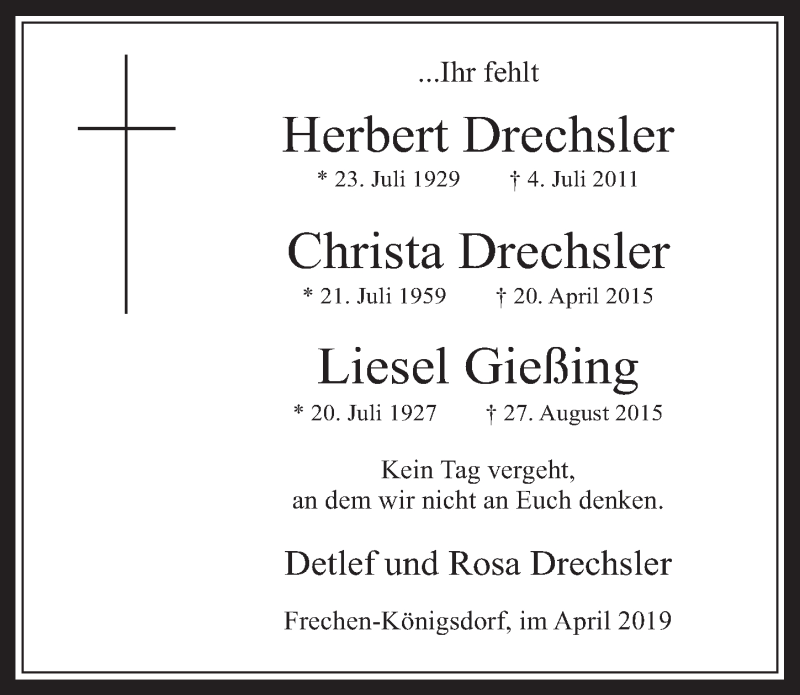  Traueranzeige für Christa Drechsler vom 17.04.2019 aus  Wochenende 