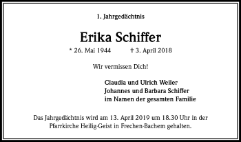 Anzeige von Erika Schiffer von Kölner Stadt-Anzeiger / Kölnische Rundschau / Express