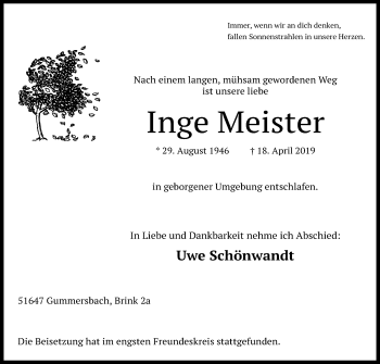 Anzeige von Inge Meister von Kölner Stadt-Anzeiger / Kölnische Rundschau / Express