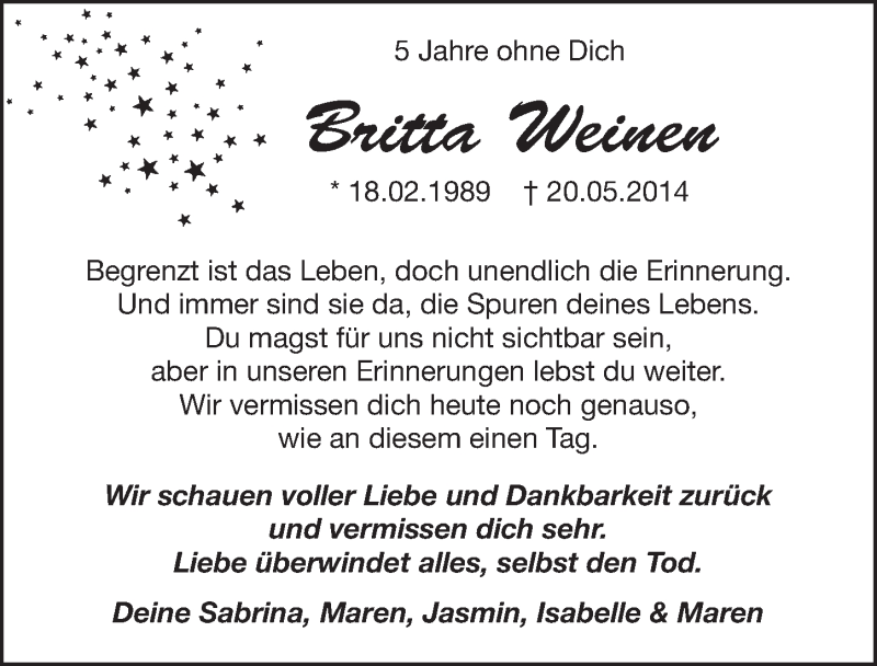  Traueranzeige für Britta Weinen vom 22.05.2019 aus  Schlossbote/Werbekurier 