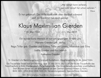 Anzeige von Klaus Maximilian Gierden von Kölner Stadt-Anzeiger / Kölnische Rundschau / Express