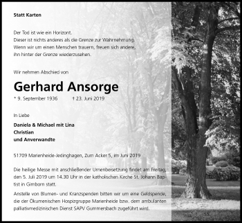 Anzeige von Gerhard Ansorge von Kölner Stadt-Anzeiger / Kölnische Rundschau / Express