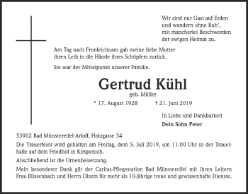 Anzeige von Gertrud Kühl von  Blickpunkt Euskirchen 