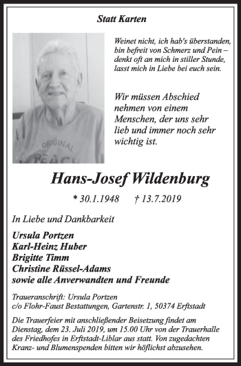 Anzeige von Hans-Josef Wildenburg von  Sonntags-Post 