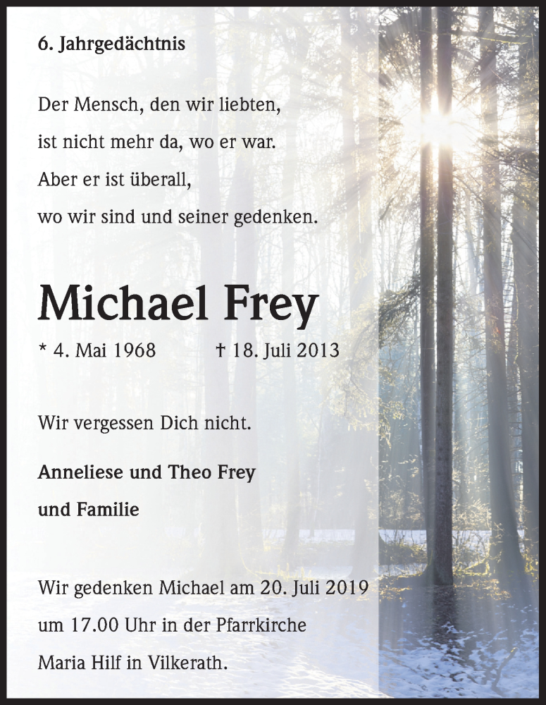  Traueranzeige für Michael Frey vom 13.07.2019 aus Kölner Stadt-Anzeiger / Kölnische Rundschau / Express