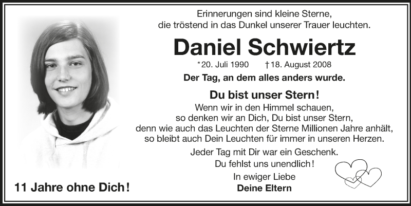  Traueranzeige für Daniel Schwiertz vom 21.08.2019 aus  Bergisches Handelsblatt 