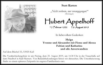 Anzeige von Hubert Appelhoff von Kölner Stadt-Anzeiger / Kölnische Rundschau / Express