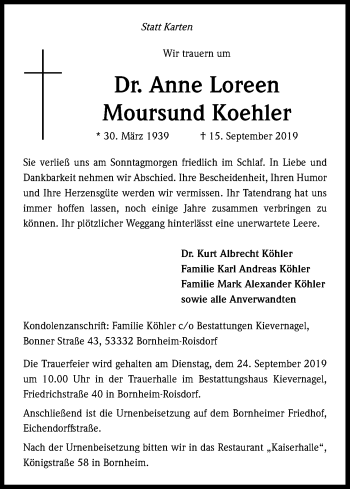 Anzeige von Anne Loreen Moursund Koehler von Kölner Stadt-Anzeiger / Kölnische Rundschau / Express