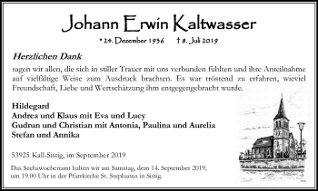 Anzeige von Johann Erwin Kaltwasser von Kölner Stadt-Anzeiger / Kölnische Rundschau / Express