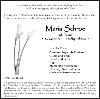 Anzeige von Maria Schroe von Kölner Stadt-Anzeiger / Kölnische Rundschau / Express