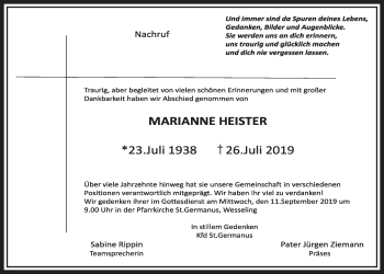 Anzeige von Marianne Heister von  Schlossbote/Werbekurier 
