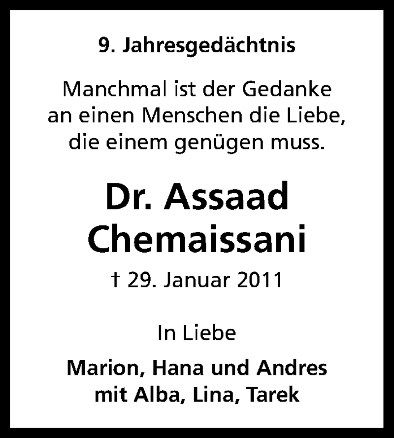  Traueranzeige für Assaad Chemaissani vom 29.01.2020 aus Kölner Stadt-Anzeiger / Kölnische Rundschau / Express