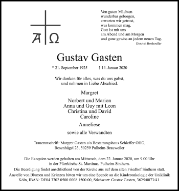 Anzeige von Gustav Gasten von Kölner Stadt-Anzeiger / Kölnische Rundschau / Express