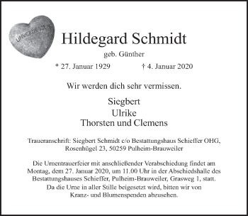 Anzeige von Hildegard Schmidt von  Wochenende 