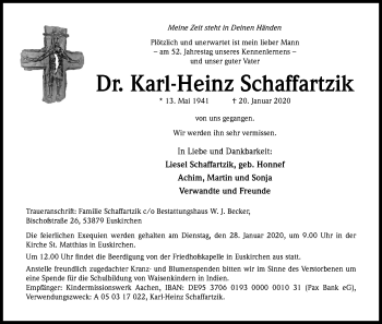 Anzeige von Karl-Heinz Schaffartzik von Kölner Stadt-Anzeiger / Kölnische Rundschau / Express