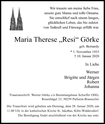 Anzeige von Maria Therese Görke von Kölner Stadt-Anzeiger / Kölnische Rundschau / Express