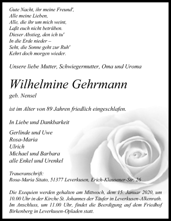 Anzeige von Wilhelmine Gehrmann von Kölner Stadt-Anzeiger / Kölnische Rundschau / Express