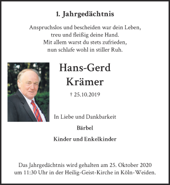 Anzeige von Hans-Gerd Krämer von  Kölner Wochenspiegel 