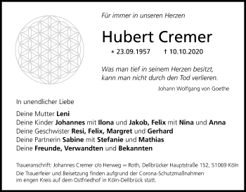 Anzeige von Hubert Cremer von Kölner Stadt-Anzeiger / Kölnische Rundschau / Express
