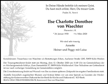 Anzeige von Ilse Charlotte Dorothee von Waechter von Kölner Stadt-Anzeiger / Kölnische Rundschau / Express