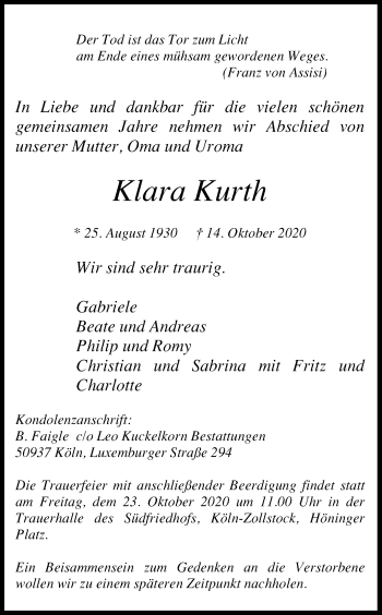 Anzeige von Klara Kurth von Kölner Stadt-Anzeiger / Kölnische Rundschau / Express