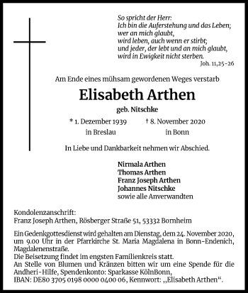 Anzeige von Elisabeth Arthen von Kölner Stadt-Anzeiger / Kölnische Rundschau / Express
