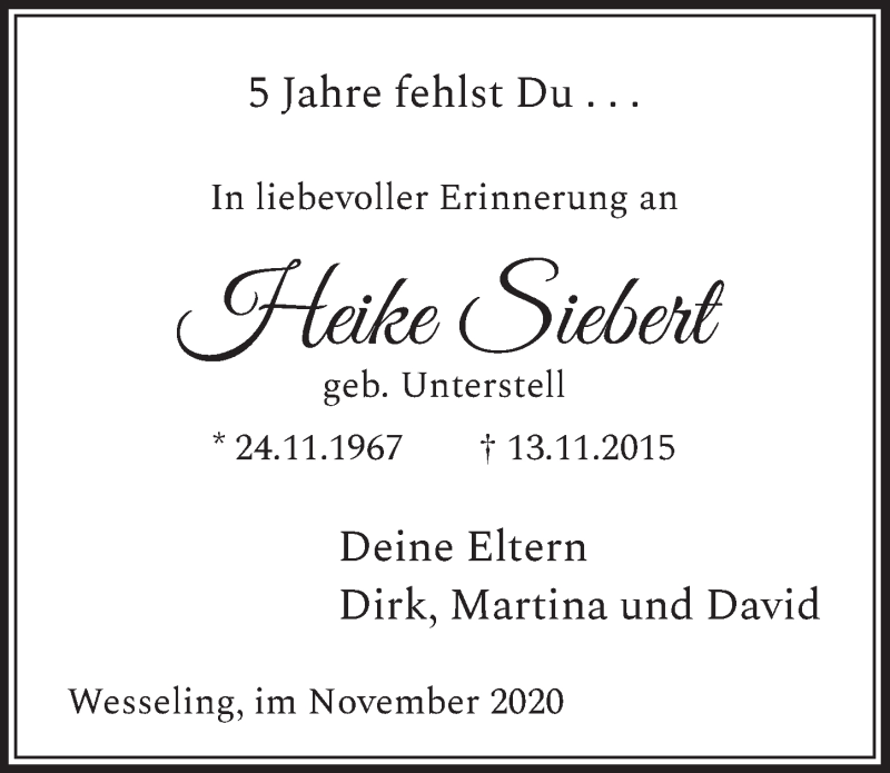  Traueranzeige für Heike Siebert vom 13.11.2020 aus  Schlossbote/Werbekurier 