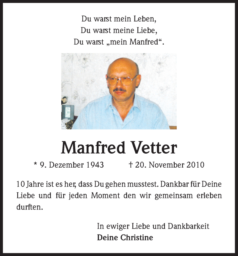  Traueranzeige für Manfred Vetter vom 21.11.2020 aus Kölner Stadt-Anzeiger / Kölnische Rundschau / Express
