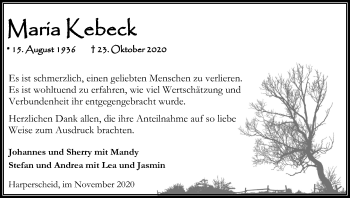Anzeige von Maria Kebeck von Kölner Stadt-Anzeiger / Kölnische Rundschau / Express