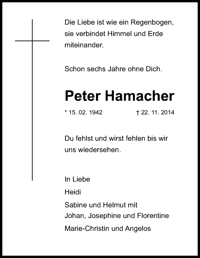  Traueranzeige für Peter Hamacher vom 21.11.2020 aus Kölner Stadt-Anzeiger / Kölnische Rundschau / Express