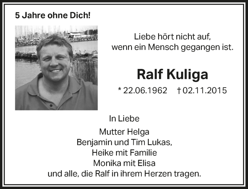  Traueranzeige für Ralf Kuliga vom 06.11.2020 aus  Anzeigen Echo 