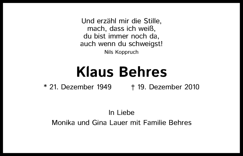  Traueranzeige für Klaus Behres vom 19.12.2020 aus Kölner Stadt-Anzeiger / Kölnische Rundschau / Express