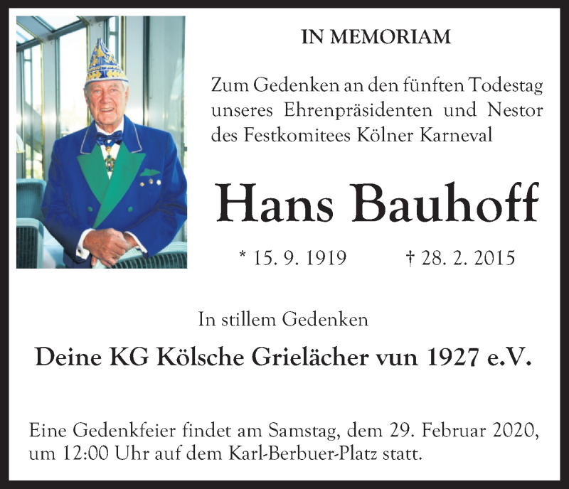  Traueranzeige für Hans Bauhoff vom 26.02.2020 aus Kölner Stadt-Anzeiger / Kölnische Rundschau / Express