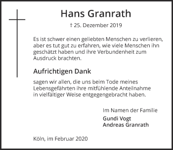 Anzeige von Hans Granrath von  Kölner Wochenspiegel 