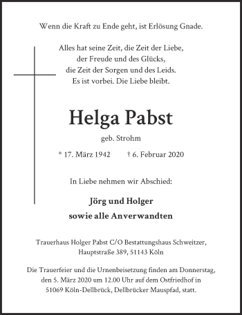 Anzeige von Helga Pabst von  Kölner Wochenspiegel 