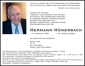 Anzeige von Hermann Hünerbach von Kölner Stadt-Anzeiger / Kölnische Rundschau / Express