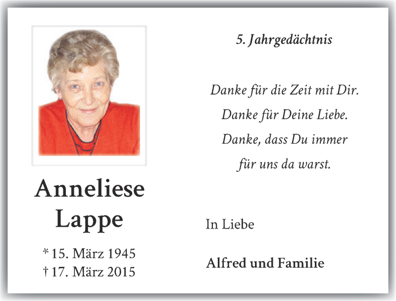  Traueranzeige für Anneliese Lappe vom 14.03.2020 aus  Blickpunkt Euskirchen 