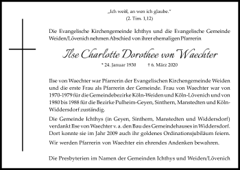 Anzeige von Ilse Charlotte Dorothee von Waechter von Zeitungsgruppe Köln