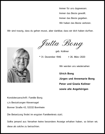 Anzeige von Jutta Bong von Kölner Stadt-Anzeiger / Kölnische Rundschau / Express