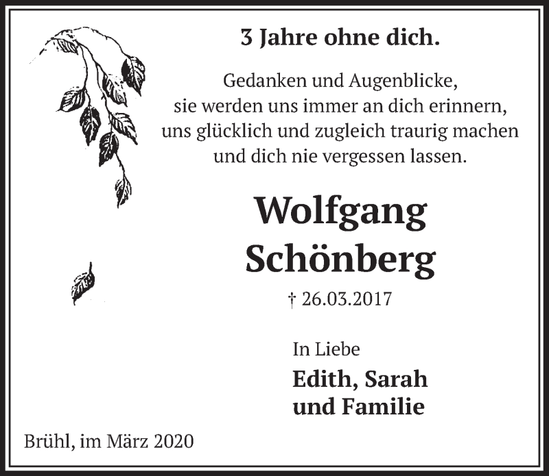  Traueranzeige für Wolfgang Schönberg vom 27.03.2020 aus  Schlossbote/Werbekurier 