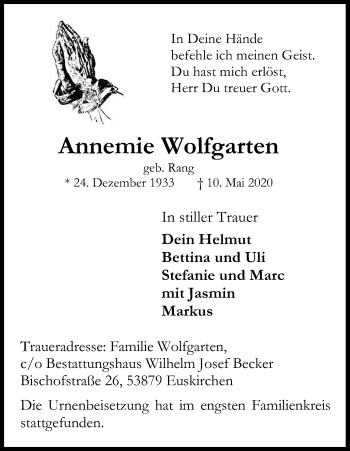 Anzeige von Annemie Wolfgarten von Kölner Stadt-Anzeiger / Kölnische Rundschau / Express