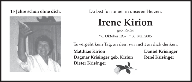  Traueranzeige für Irene Kirion vom 29.05.2020 aus  Wochenende 