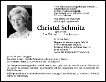 Anzeige von Christel Schmitz von Kölner Stadt-Anzeiger / Kölnische Rundschau / Express