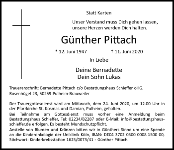 Anzeige von Günther Pittach von Kölner Stadt-Anzeiger / Kölnische Rundschau / Express