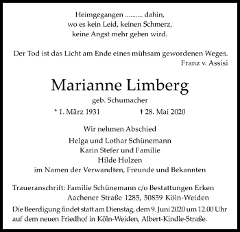Anzeige von Marianne Limberg von Kölner Stadt-Anzeiger / Kölnische Rundschau / Express
