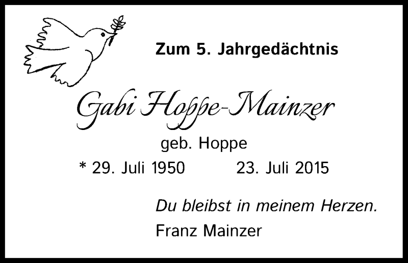  Traueranzeige für Gabi Hoppe-Mainzer vom 25.07.2020 aus Kölner Stadt-Anzeiger / Kölnische Rundschau / Express
